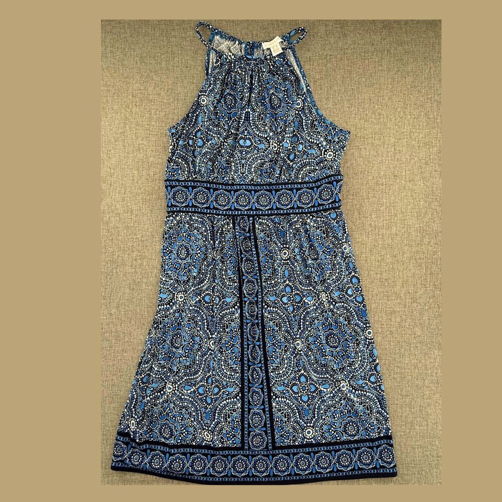 London Times Halter Dress Size 14 Sleeveless Blue White Stretchy